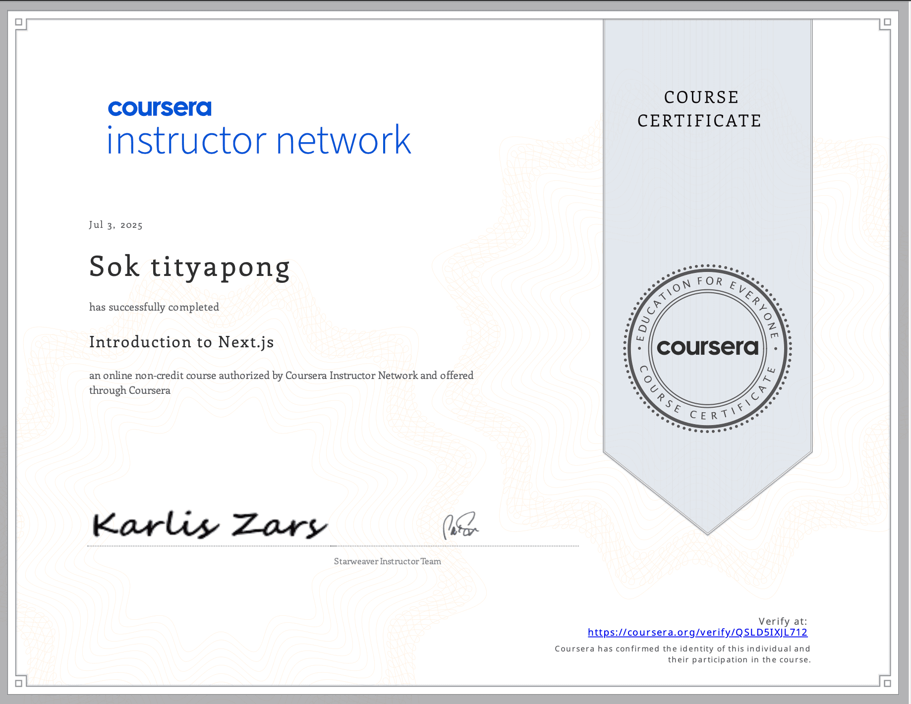 Introduction to Next.js Certificate