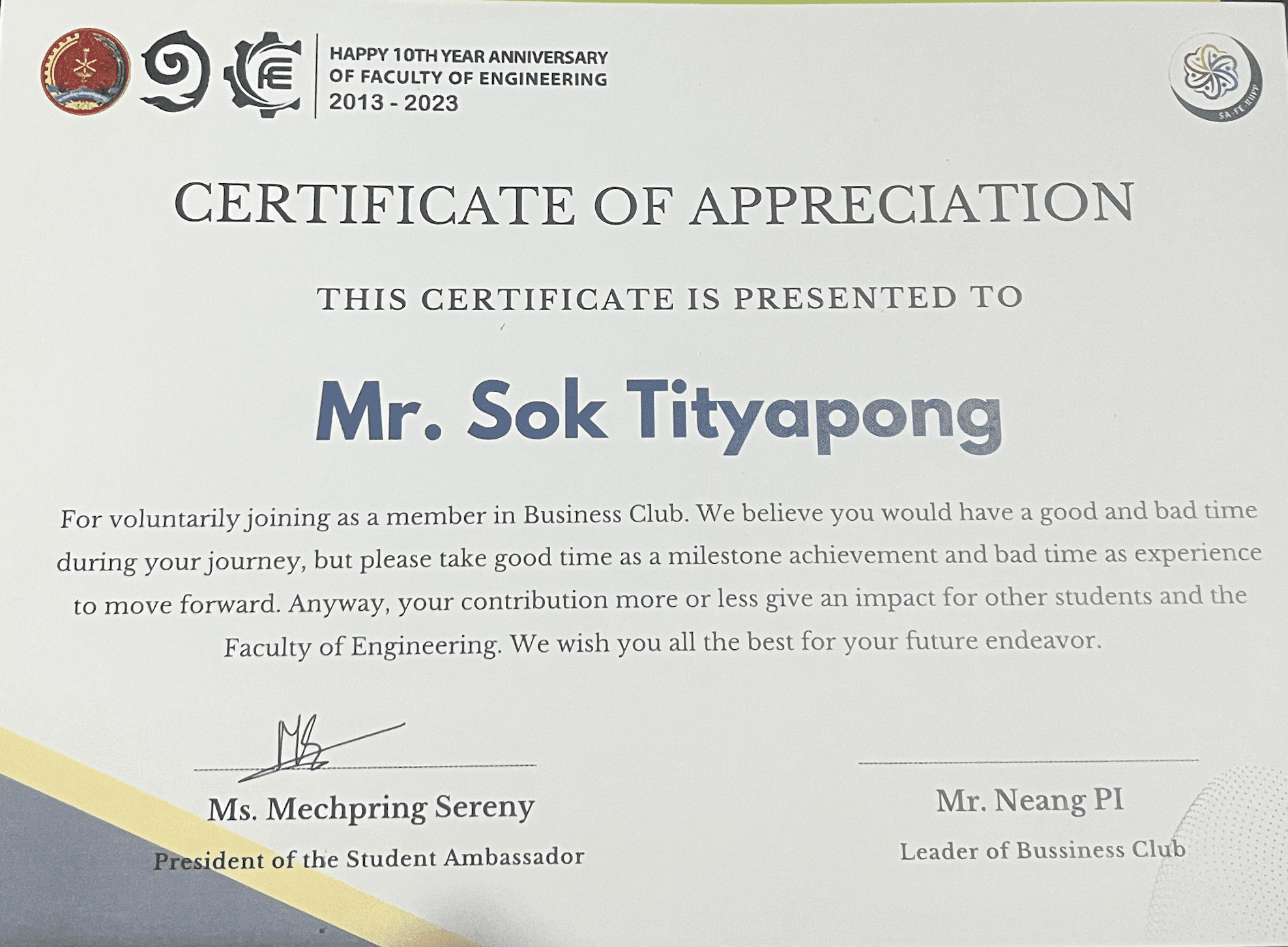 Volunteer with Business Club Certificate