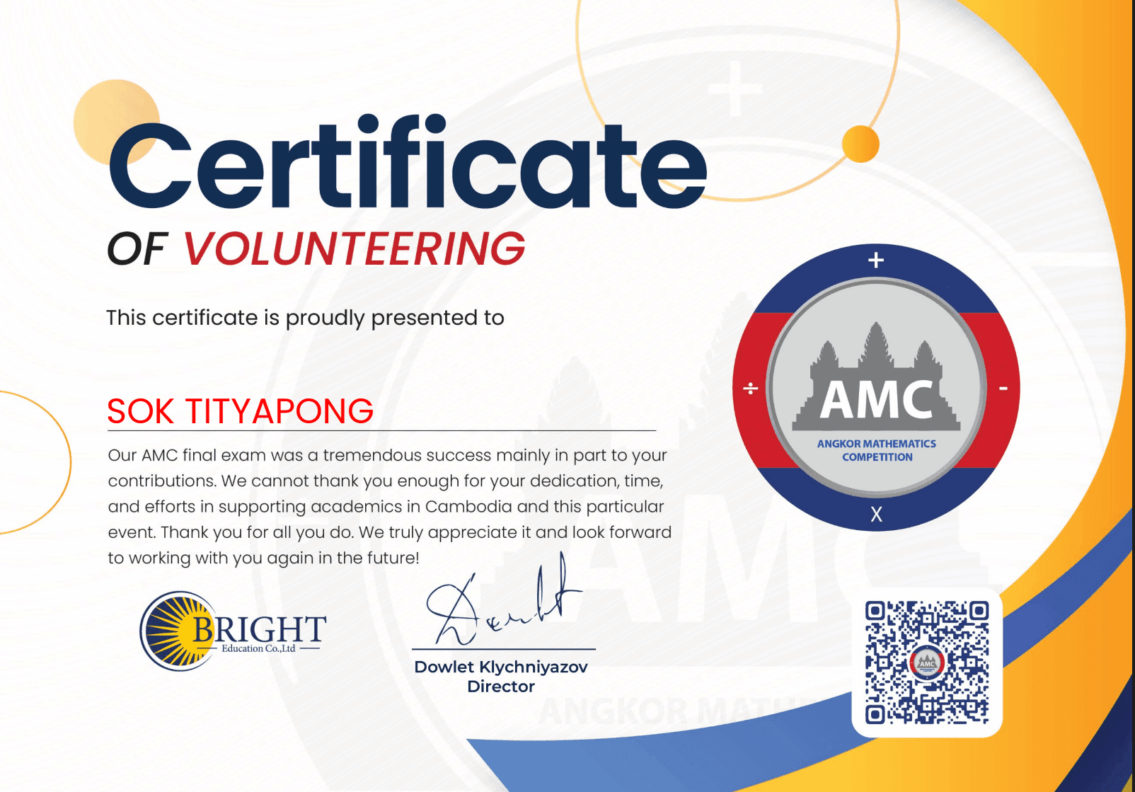 Volunteer with Angkor Math Competition Certificate